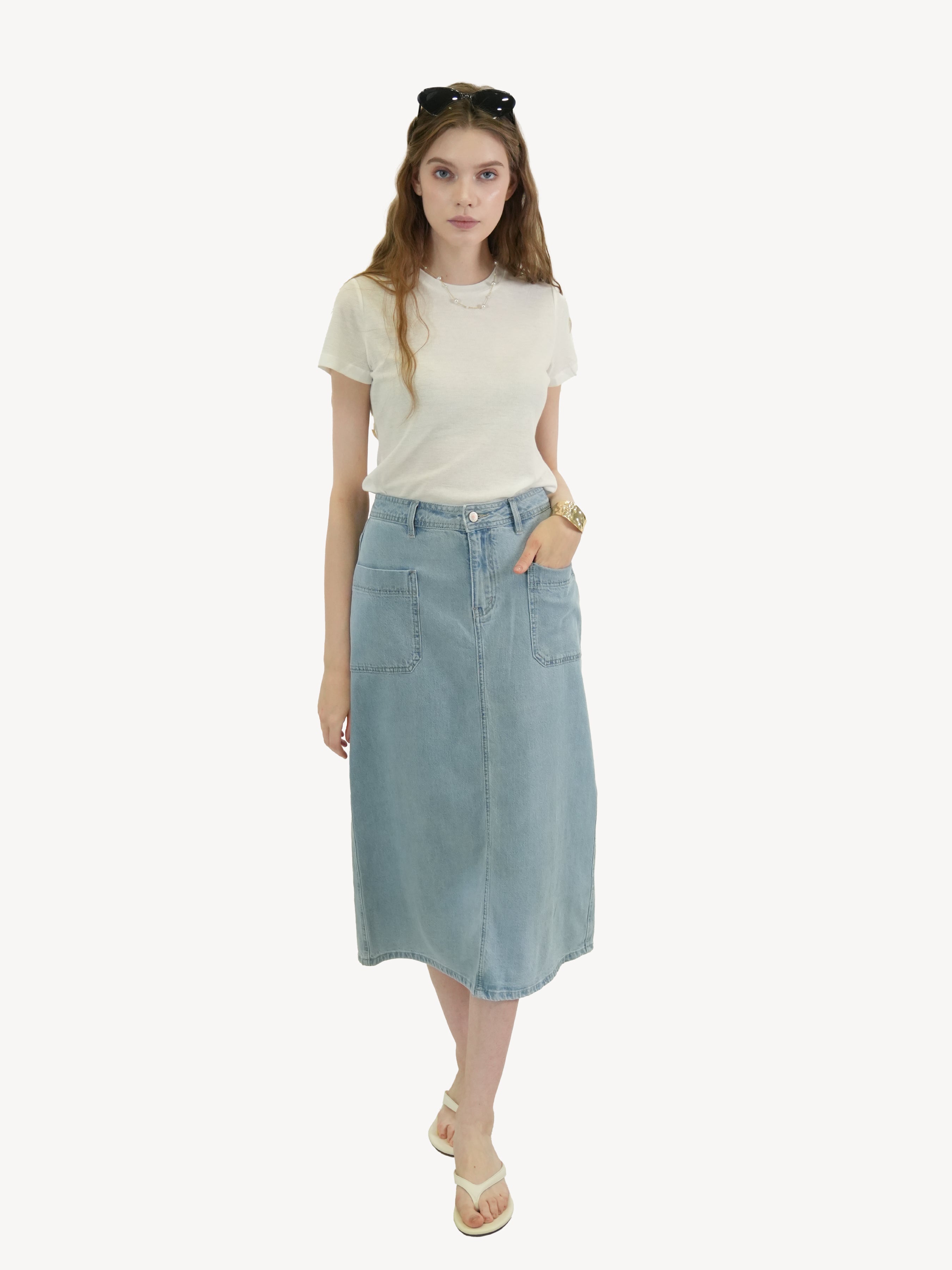 High-Waisted Denim Midi Skirt