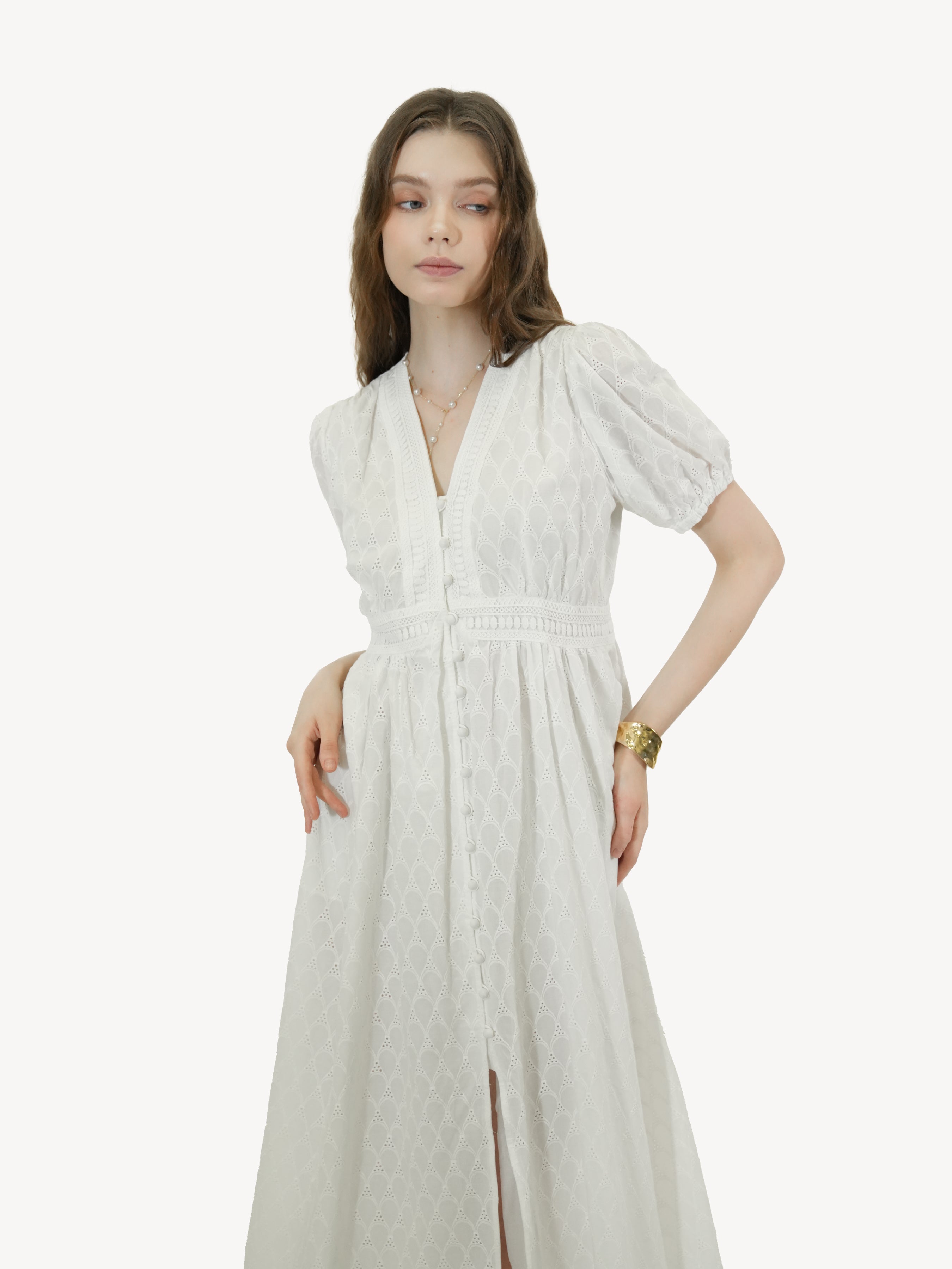 Cotton Puff Sleeve Midi Dress