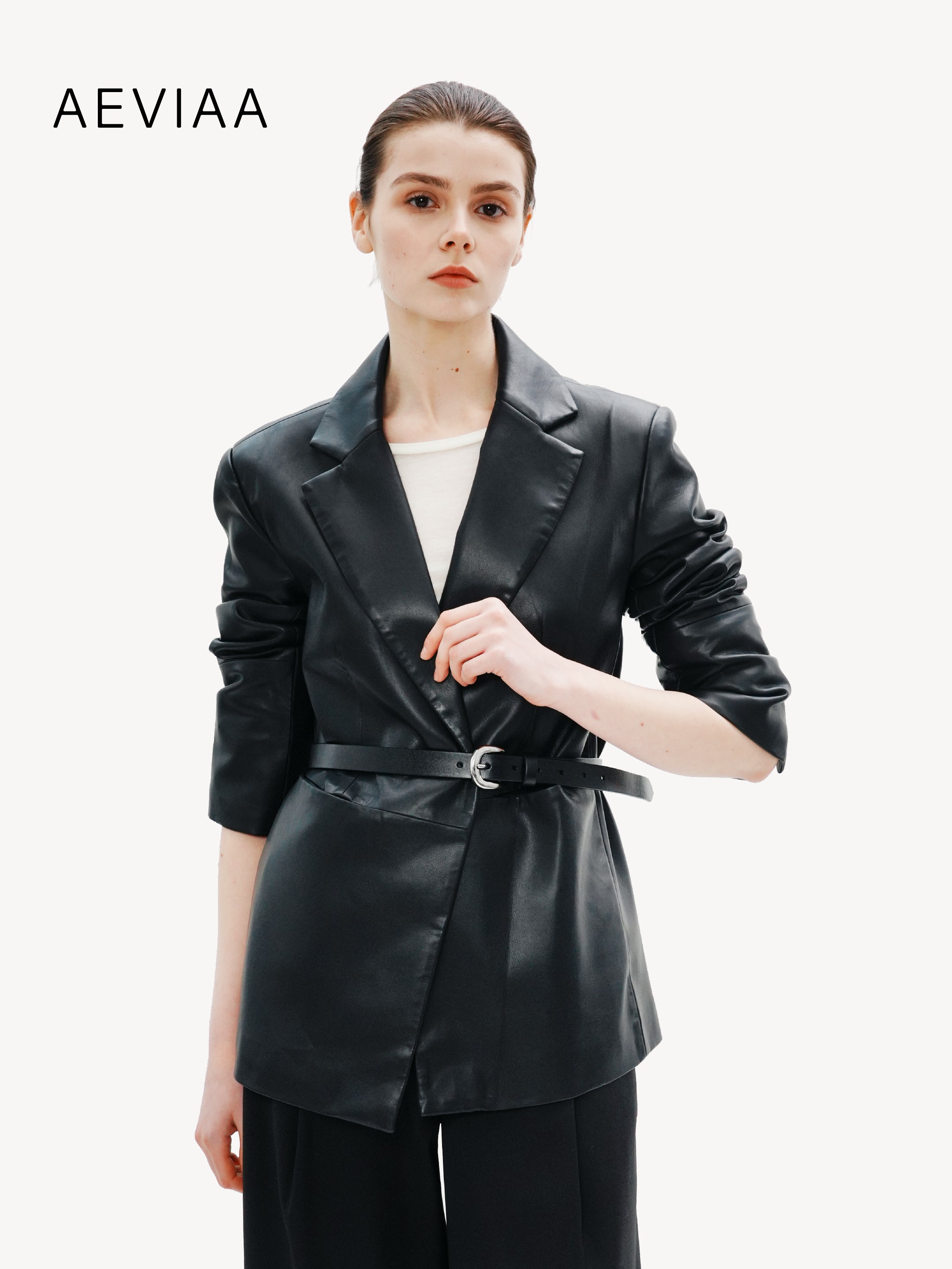 Refined Leather Belted Blazer