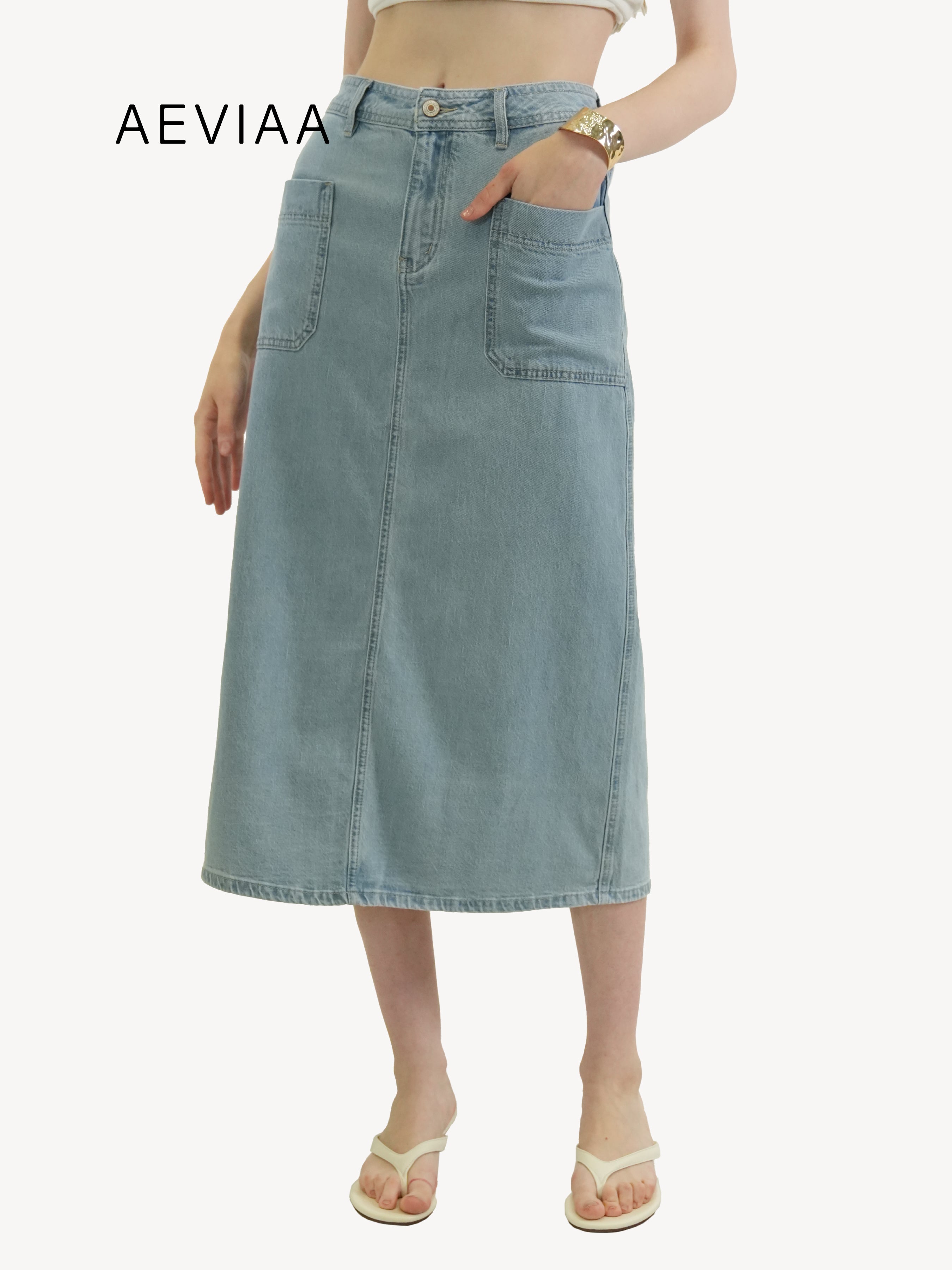 High-Waisted Denim Midi Skirt