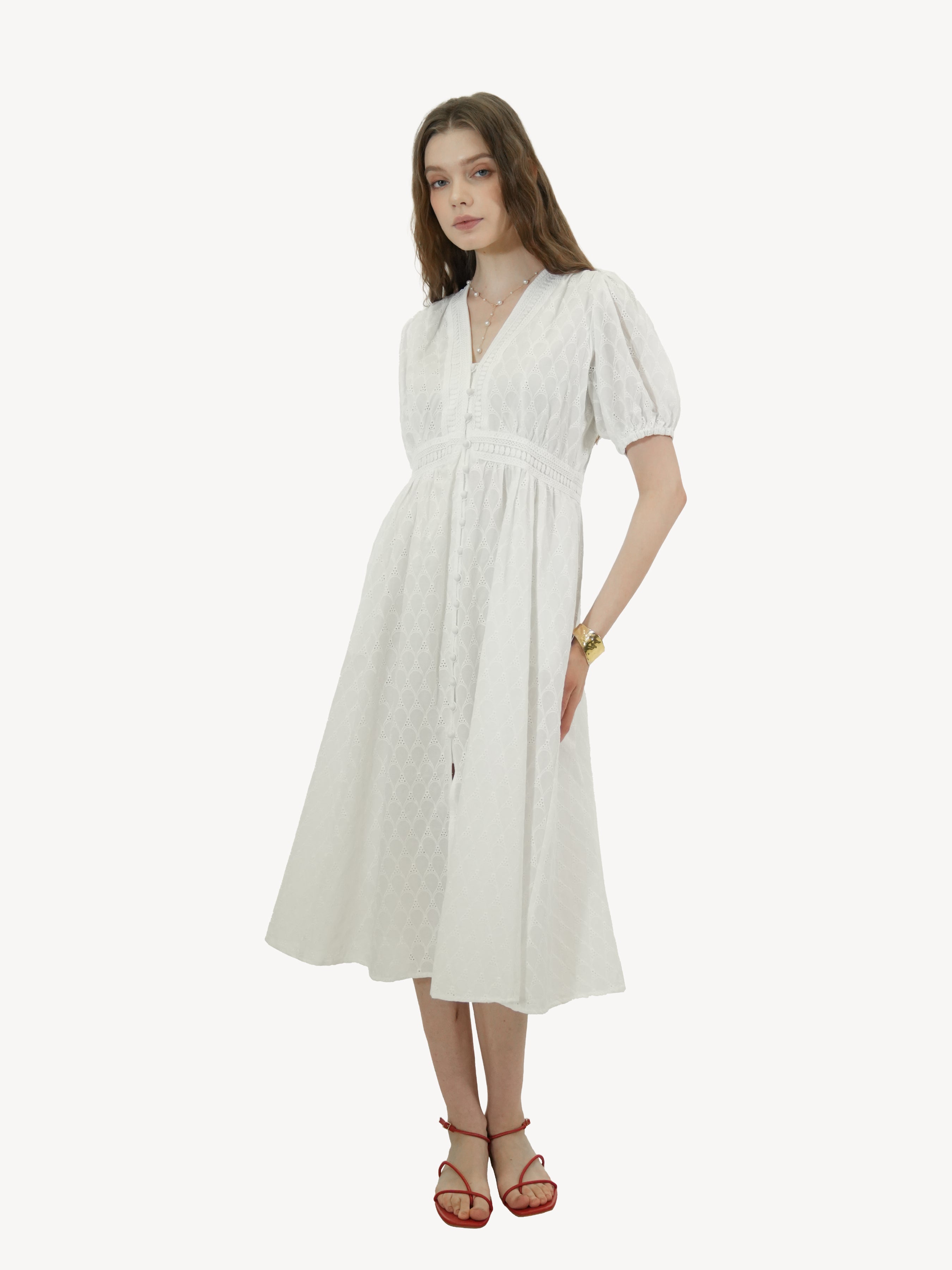 Cotton Puff Sleeve Midi Dress