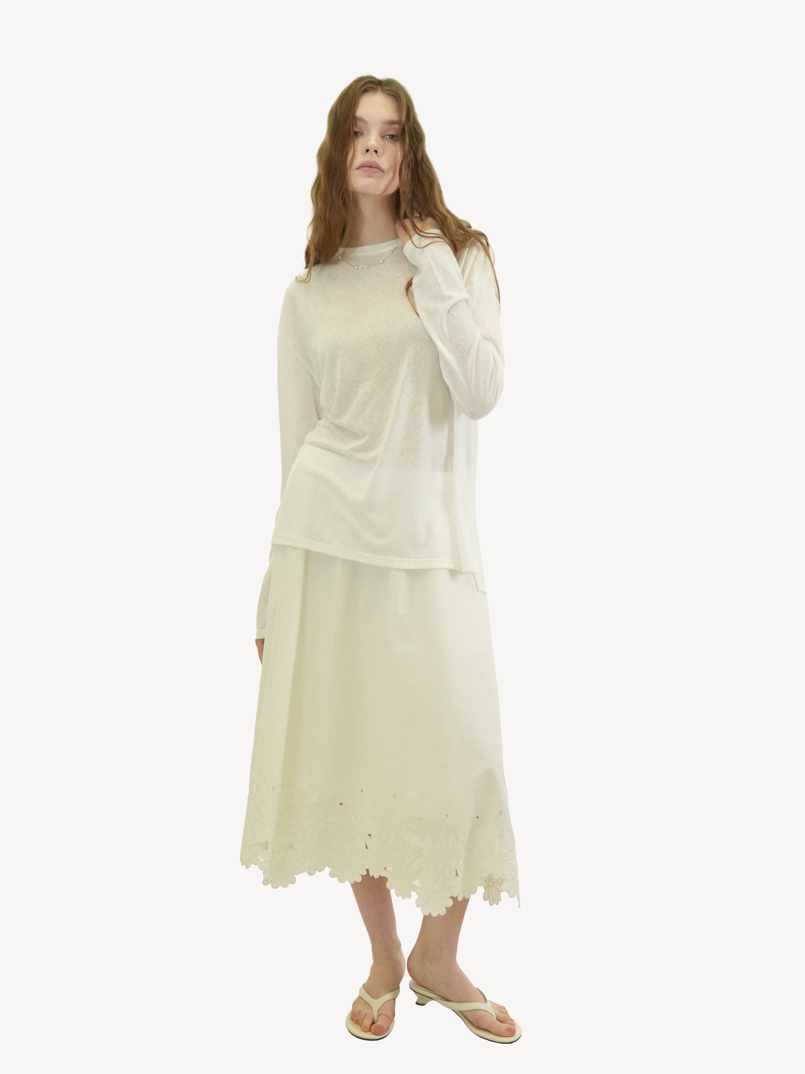 Cotton Lace Hem Midi Skirt