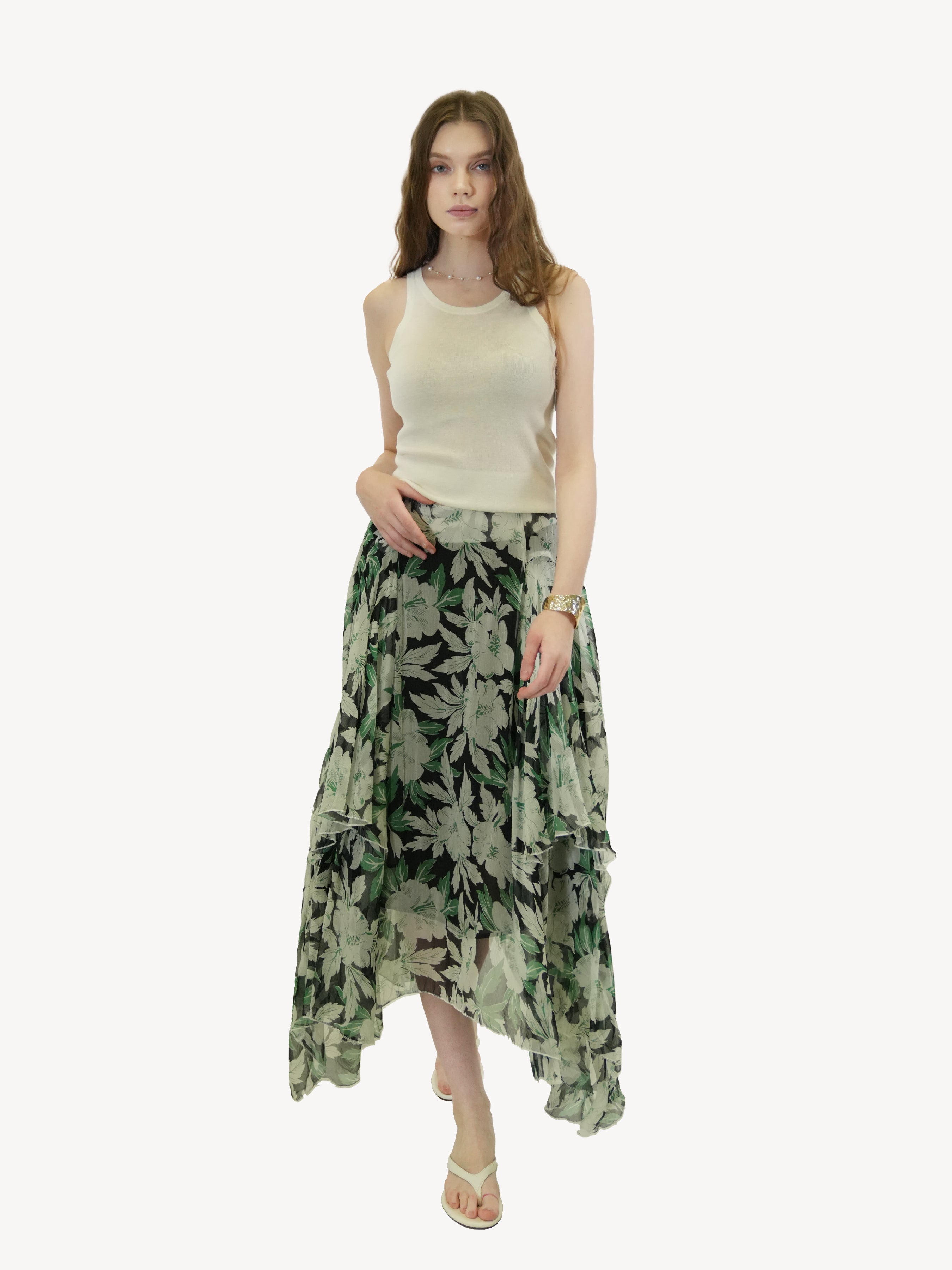 Botanical Print Tiered Maxi Skirt
