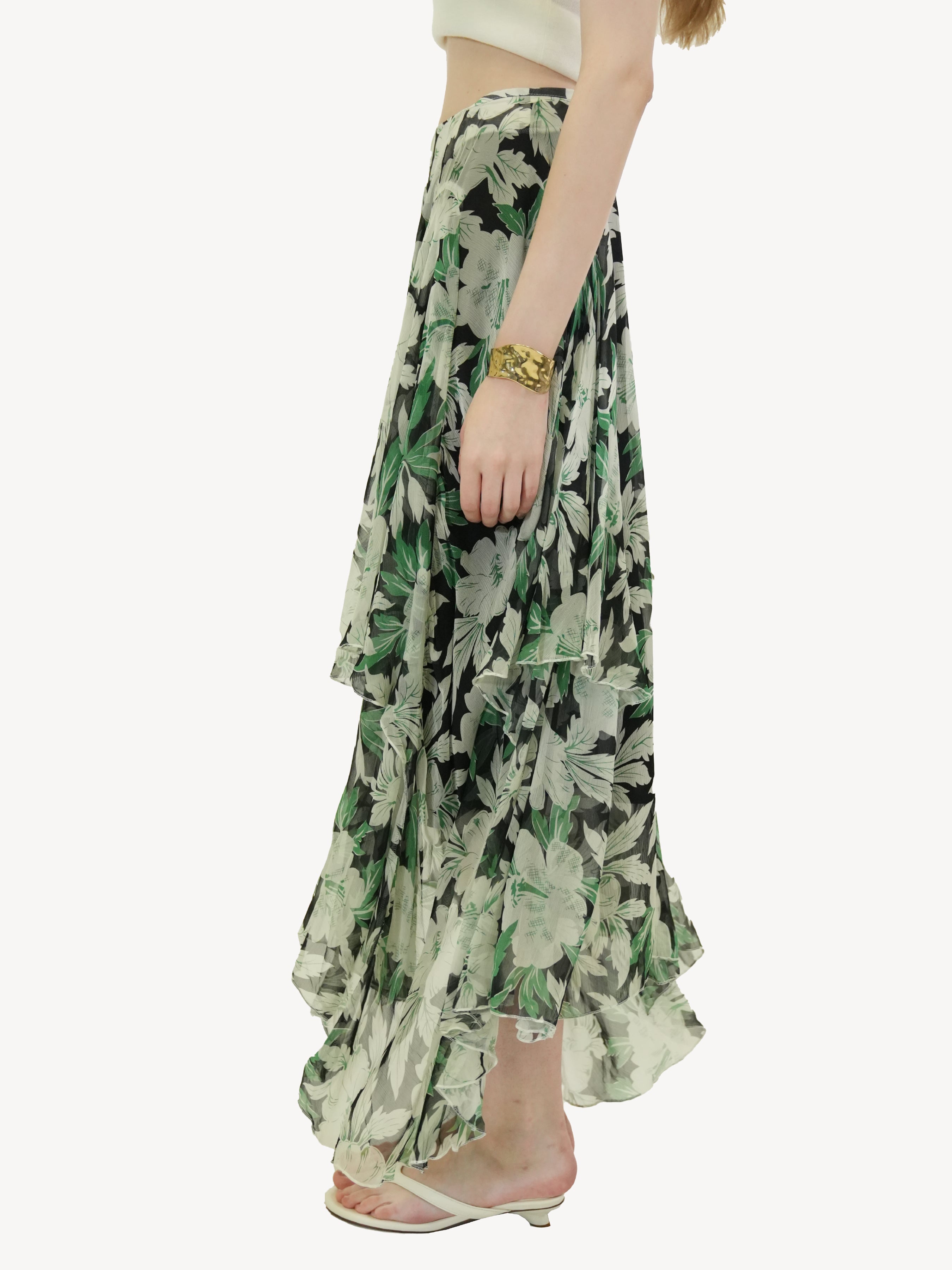 Botanical Print Tiered Maxi Skirt