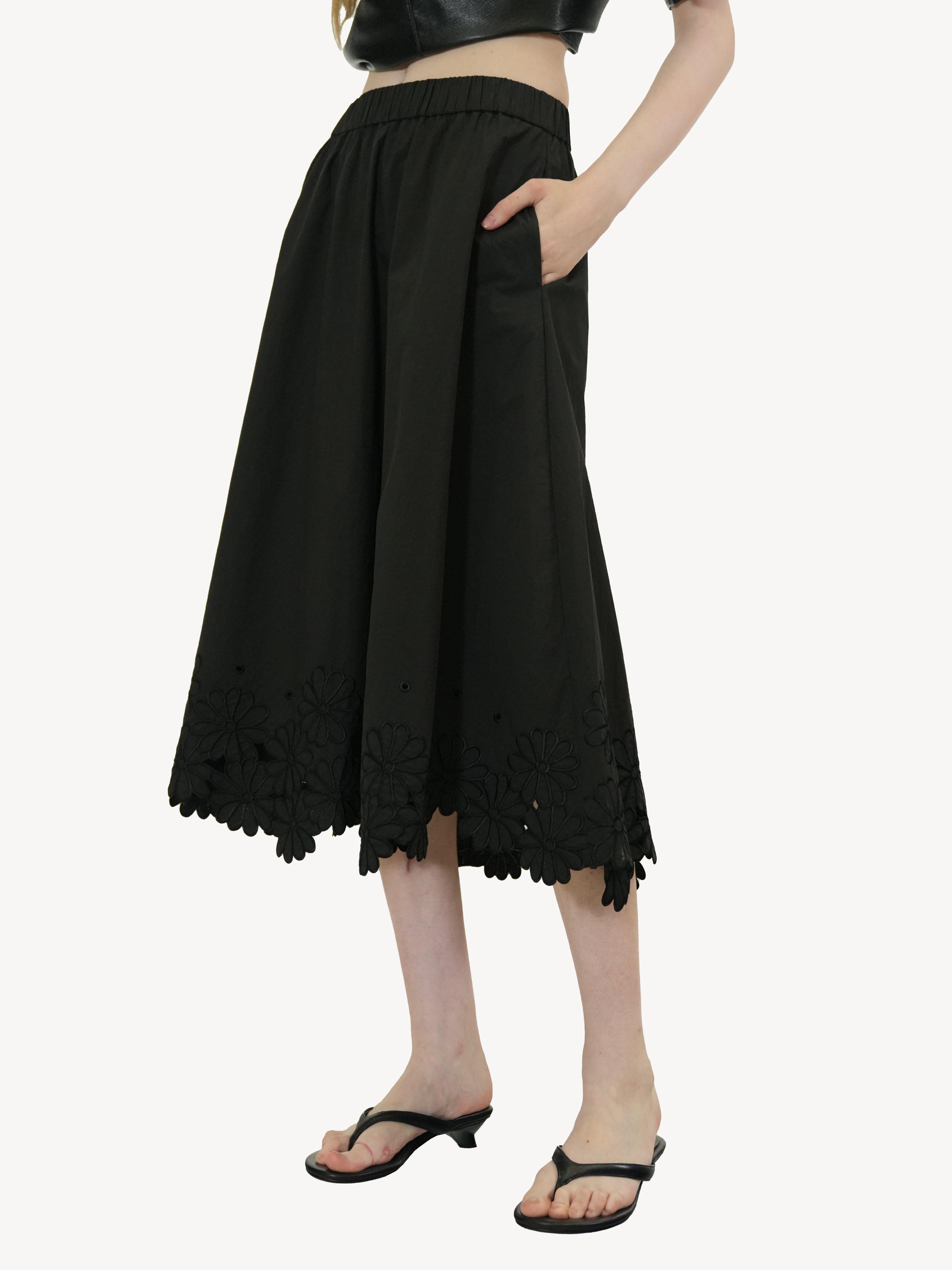 Cotton Lace Hem Midi Skirt