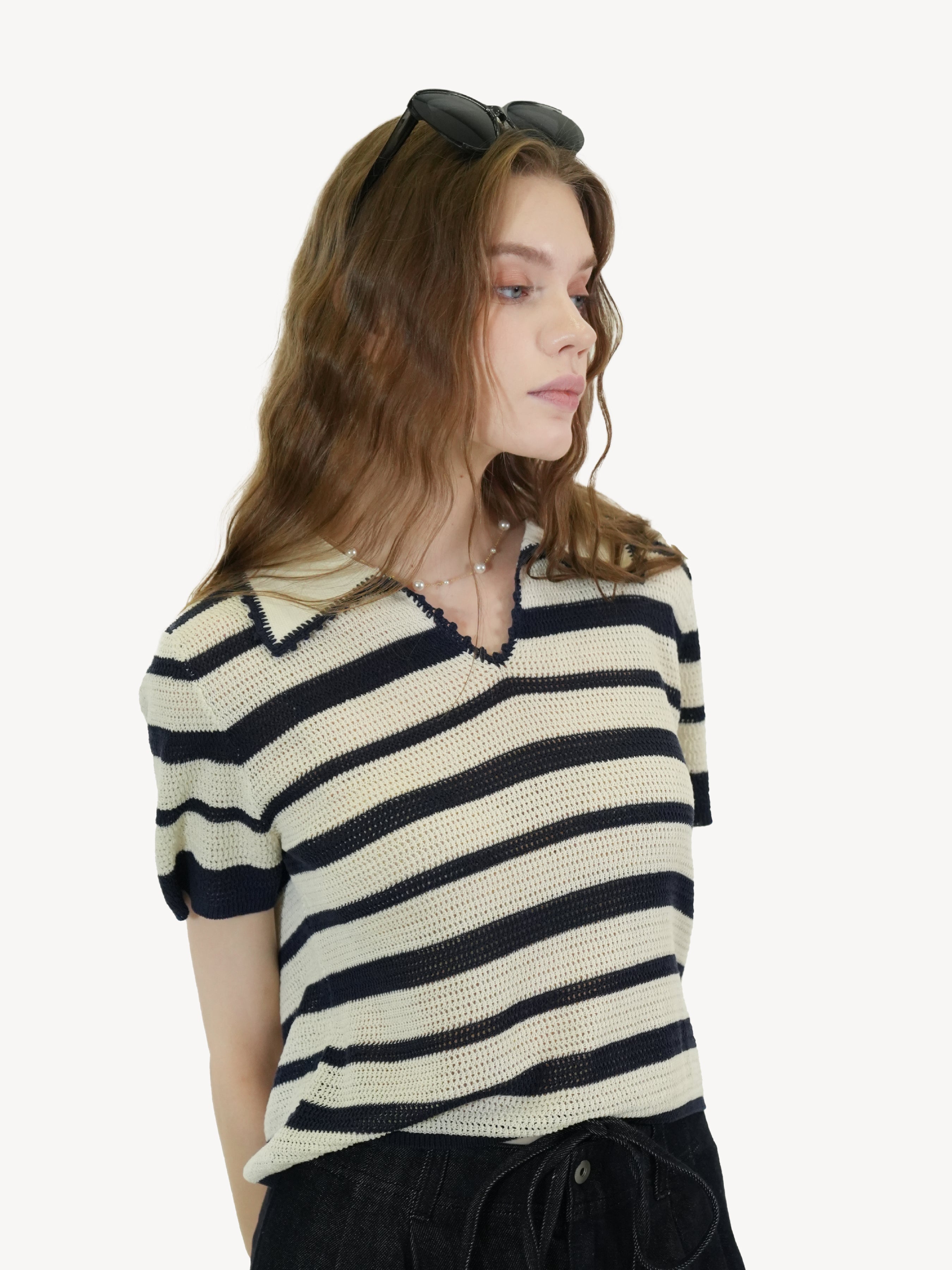 Striped Knit Polo Top