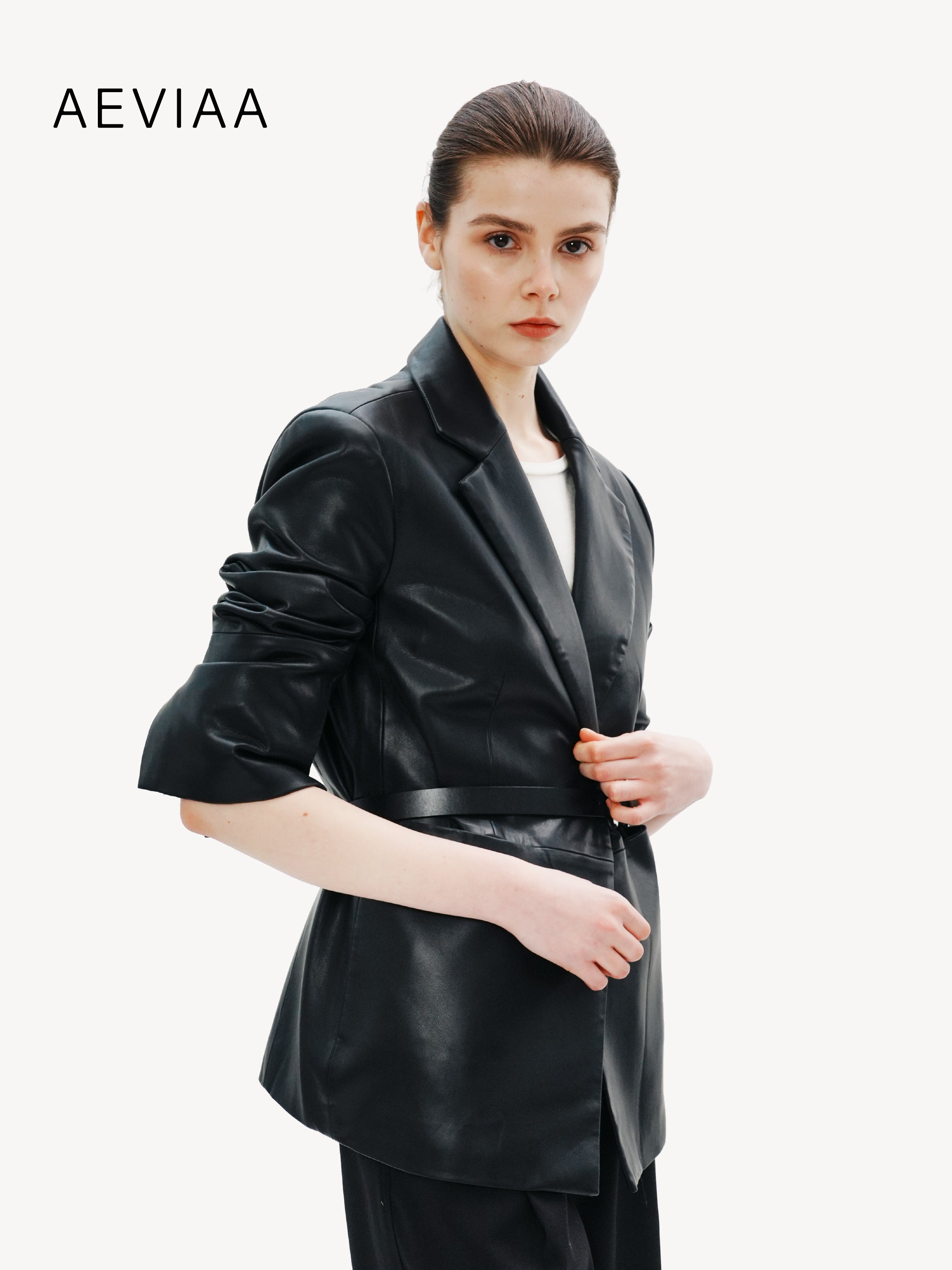 Refined Leather Belted Blazer
