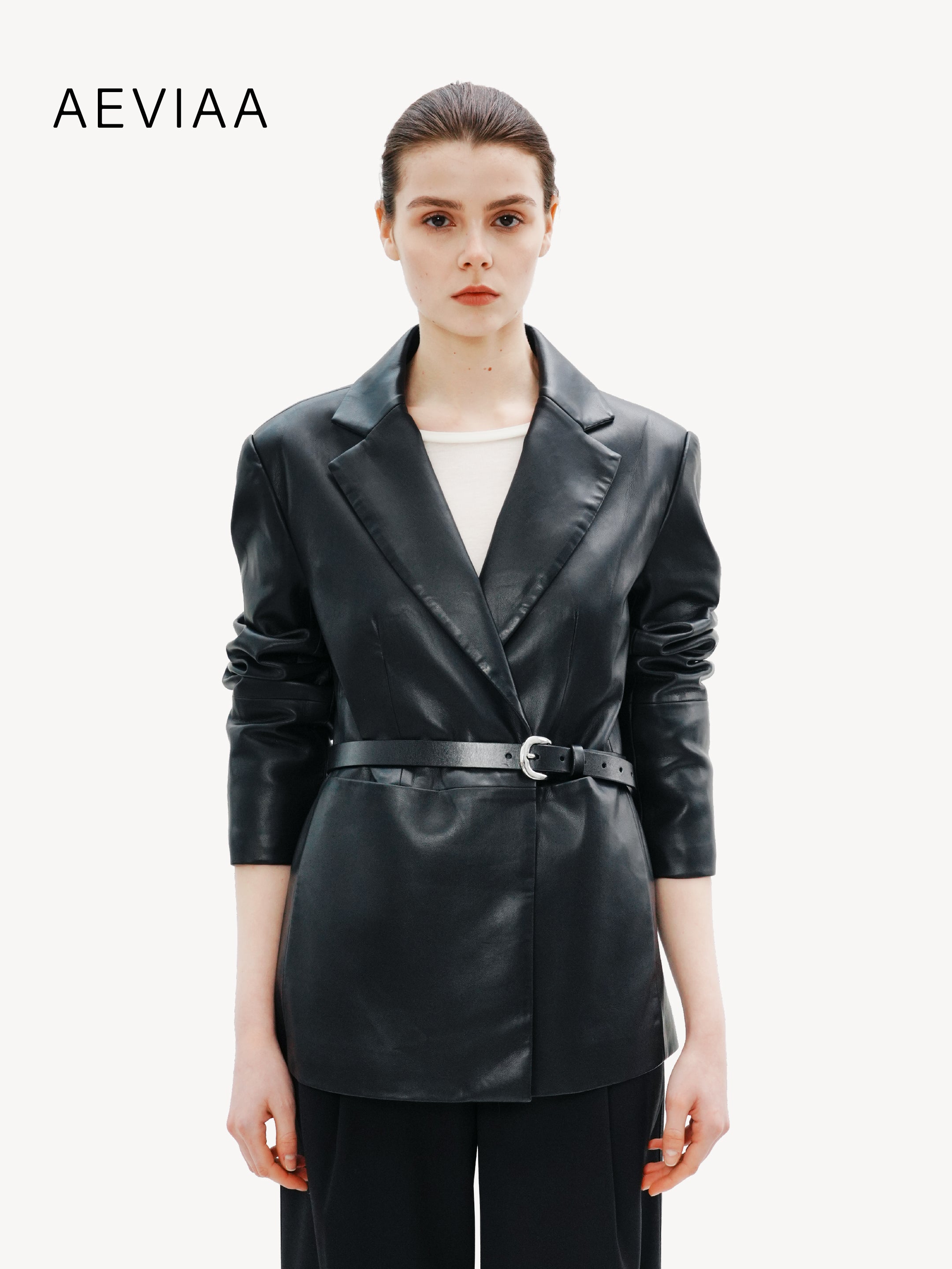 Refined Leather Belted Blazer