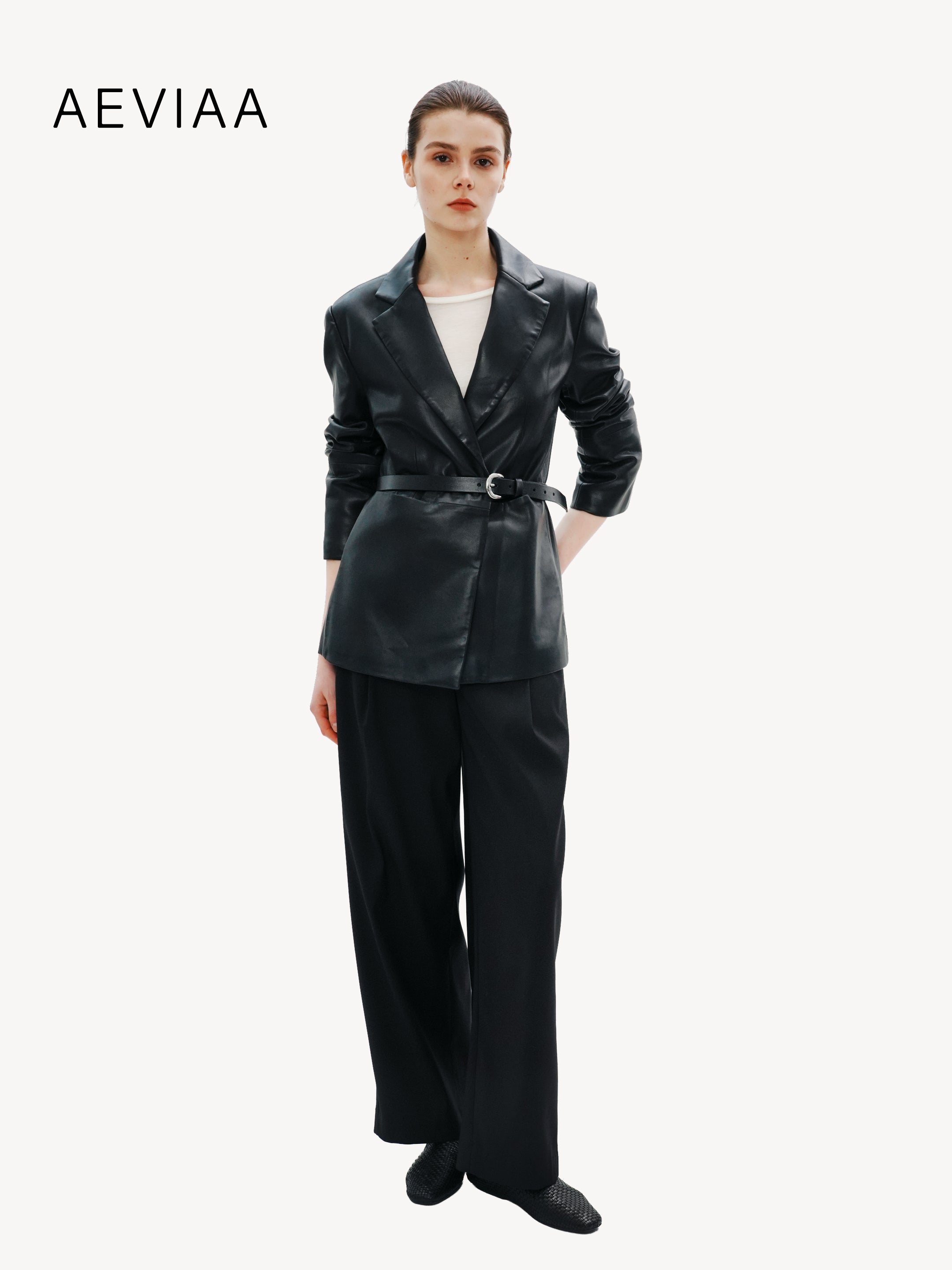 Refined Leather Belted Blazer